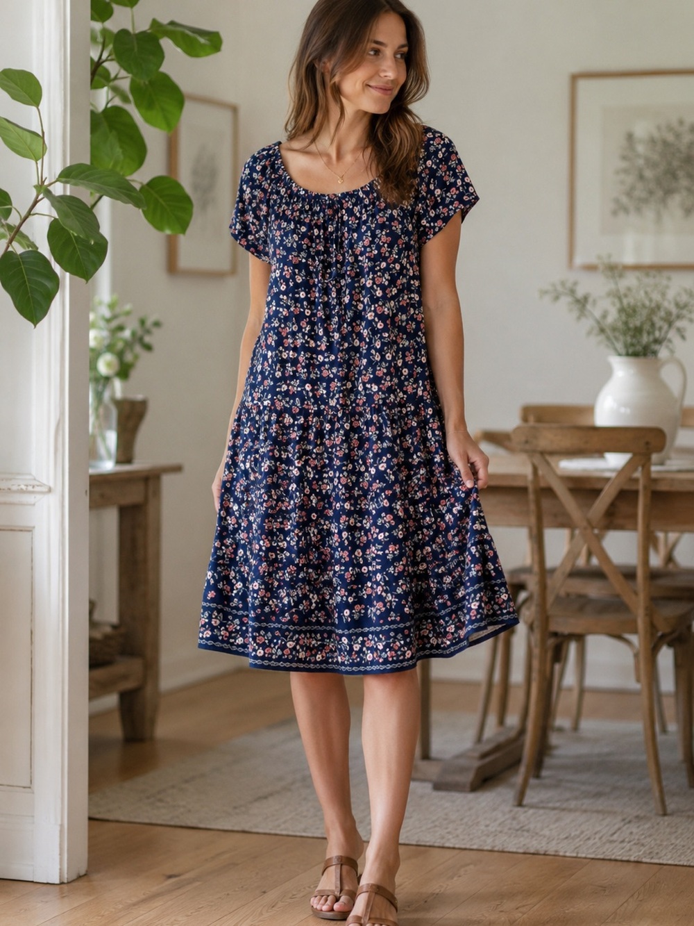 Max Studio Navy Floral Tiered Knee Length Dress Size S
